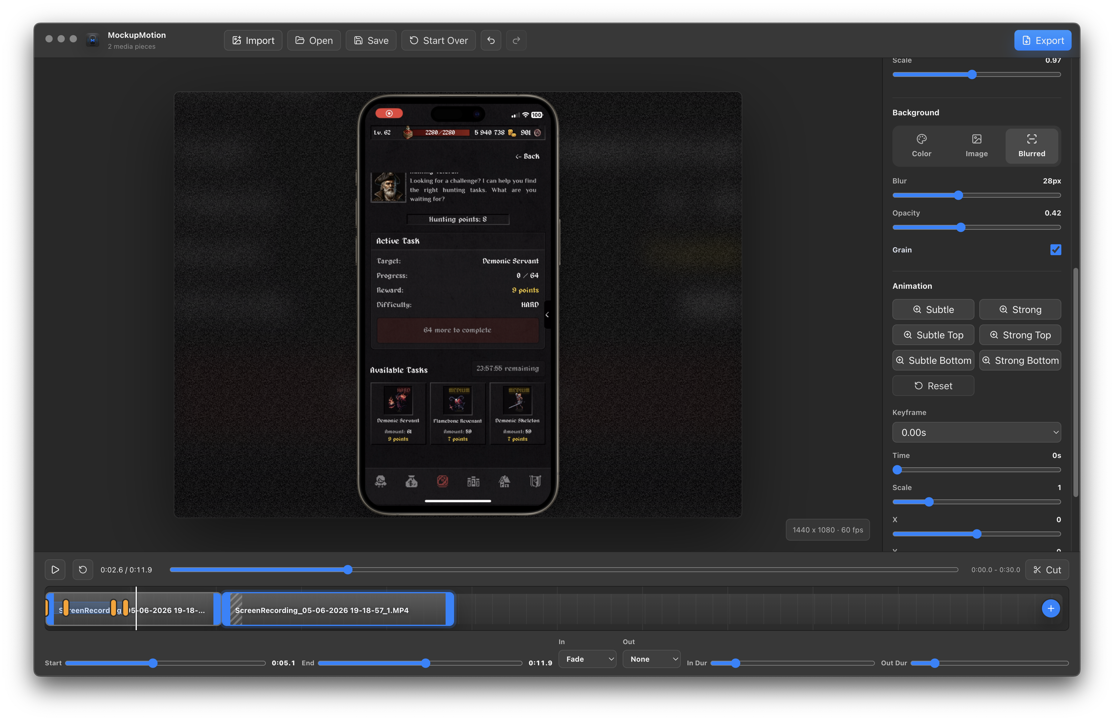 MockupMotion demo showing a device mockup on the canvas, an inspector for background and animation, and a timeline for trimming and keyframes.
